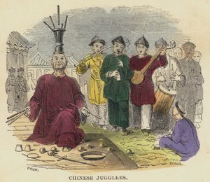 Chinese goochelaars (gekleurde gravure)