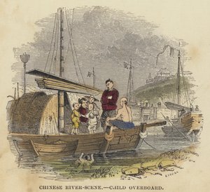 Chinese rivier-scène, kind overboord (gekleurde gravure)