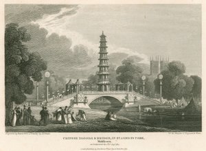 Chinese pagode en brug, St Jamess Park, Londen, zoals het verscheen op 1 augustus 1814 door English School