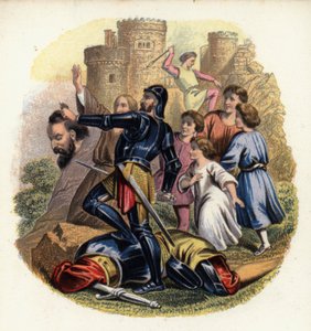 Christiana en de pelgrims kijken toe hoe Greatheart Reus Wanhoop doodt, een illustratie uit De Christenreis van John Bunyan door English School
