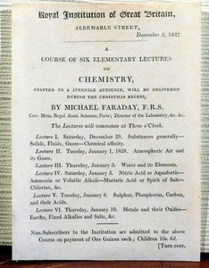 Kersthandbill voor Zes Elementaire Lezingen over Chemie door Michael Faraday (1778-1829) 3 december 1827 door English School