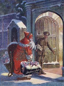 Kerstadvertentie die de Kerstman toont die geschenken brengt voor WW1-soldaten van Dickins en Jones warenhuis (kleur litho)