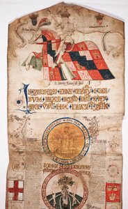 Kroniek van de geschiedenis van de wereld van de schepping tot Woden, met een genealogie van Edward IV (Edward IV Roll), beginsectie met een portret van Edward IV te paard, een rondel met God, en een ander door English School