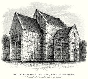 Kerk in Bradford on Avon, gebouwd door Ealdhelm (gravure)
