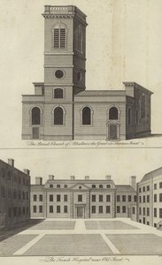 Kerk van Allhallows the Great, Thames Street en het Franse ziekenhuis nabij Old Street, Londen door English School
