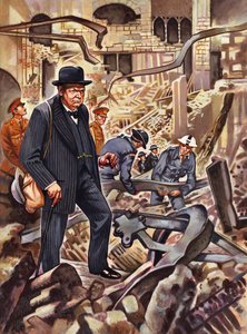 Churchill inspecteert de schade na een Duitse bom die een deel van het Lagerhuis heeft vernietigd
