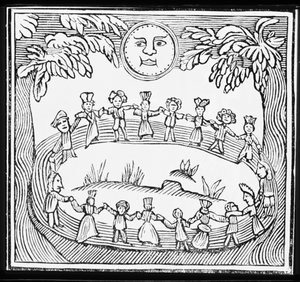 Cirkel van Heksen Dansend Onder een Volle Maan, illustratie uit een verzameling chapbooks over esoterica