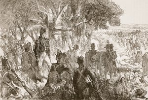 Clive bij Plassey, illustratie uit Cassells Geïllustreerde Geschiedenis van India door James Grant, uitgegeven 1879 door English School