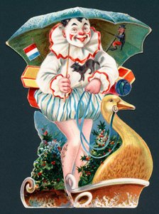 Clown met paraplu op ganzen slee, kerstkaart door English School