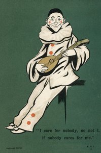 Clown die een luit speelt (kleurenlitho)
