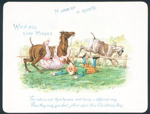 Clowns die van hun paarden vallen tijdens de jacht, Kerstkaart