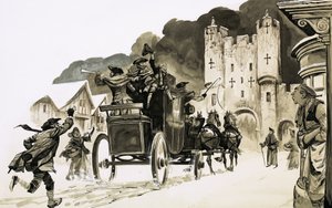 Koets die een stad binnenrijdt