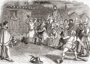 Cock throwing, ook bekend als cock-shying of throwing at cocks, uit Old England: A Pictorial Museum, pub. 1847