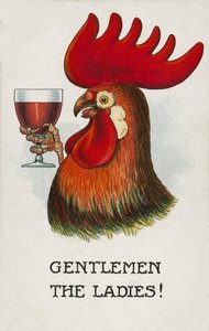 Haan die een toost uitbrengt op de dames (kleurenlitho)