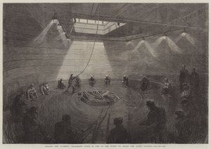 Het oprollen van de Atlantische telegraafkabel in een van de tanks aan boord van de Great Eastern door English School