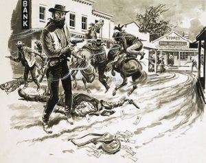 Cole Younger, een lid van de Jesse James-bende, in een vuurgevecht