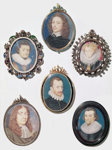 Collectie miniaturen, LtoR, bovenste rij: Frederich V (1596-1632) Keurvorst van de Palts, Koning van Bohemen door English School