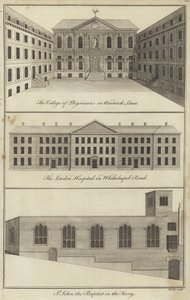 College of Physicians in Warwick Lane, het London Hospital in Whitechapel Road en de kerk van St. John the Baptist in de Savoy, Londen door English School
