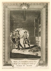 Kolonel Blood en zijn handlangers ontsnappen na het stelen van de kroon van koning Karel II