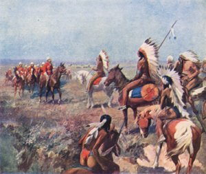 Kolonel Macleod van de Royal North-West Mounted Police, onderhandelt met Indianen bij Fort Macleod