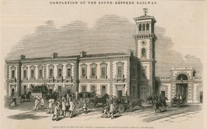 Voltooiing van de Zuid-Oostelijke Spoorweg: Groot gezamenlijk station van de Croydon, Brighton en Dover Railway Company, Southwark, Londen door English School