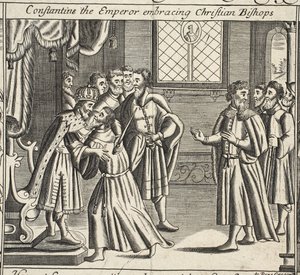 Constantijn de keizer omhelst christelijke bisschoppen, illustratie uit Handelingen en Monumenten van John Foxe, negende editie, uitgegeven 1684 door English School