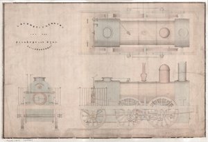 Constructietekening, 0-4-2 locomotief en tender door R. en W. Hawthorn en Co. voor de Stanhope en Tyne Railway Co