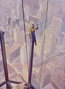 Bouwvakker op het stalen frame van een wolkenkrabber hoog boven de straten van New York City, New York, VS (kleur litho)