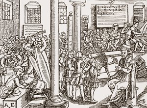 Hedendaagse houtsnede van een Tudor-grammatica school