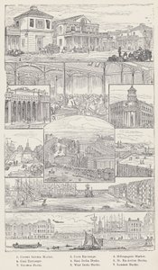 Convent Garden Market, Corn Exchange, Billingsgate Market, Coal Exchange, East India Docks, St Katherine Docks, Victoria Docks, West India Docks, London Docks (gravure) door English School