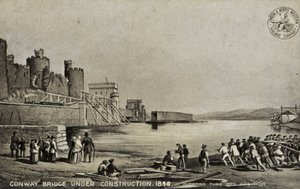 Conway Bridge in aanbouw, 1848