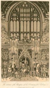 Kroningsbanket van Koning George IV in Westminster Hall, 17 juli 1821; De entree van de kampioen met de ceremonie van de uitdaging