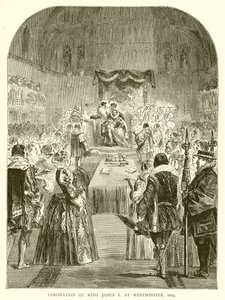 Kroning van Koning Jacobus I in Westminster, 1603 door English School