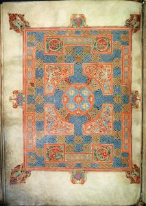 Tapijt pagina die het Evangelie van St. Marcus opent, uit de Lindisfarne-evangeliën, 710-721 door English School