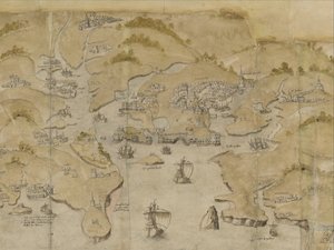 Kaart van de kust tussen Fowey en Salcombe, inclusief Plymouth. Deel van een panoramische kaart van de kust van Land