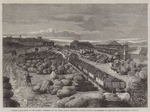Katoenbalen bij het Bombay Terminus van de Great Indian Peninsula Railway klaar voor verzending naar Engeland door English School