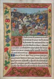 De koning van Engeland op een wit paard, achtervolgt de vluchtende koning van Frankrijk, uit Robert de Balsac
