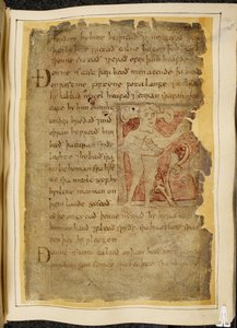 Cotton Vitellius A. XV f.104r, Een panotii, d.w.z. een man met oren die op stelen uitsteken, die een object vasthoudt dat lijkt op een boog, illustratie uit Beowulf, uit de 