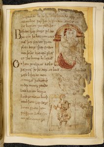 Een man die op een kussen onder een boog zit; twee catini, open-mondige beesten zoals honden; een man in gewaad met een staf, die zijn hand uitstrekt naar een andere man, illustratie uit Beowulf, uit de 