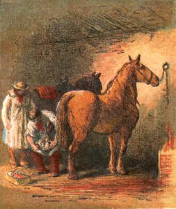 Dorpssmid die het paard van de boer beslaat door English School