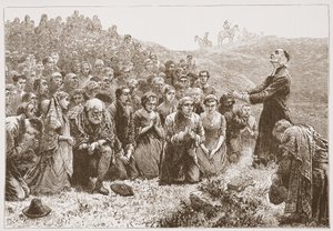 Covenanters die aanbidden aan de oevers van de Whitadder, illustratie uit De Geschiedenis van het Protestantisme door James Aitken Wylie, 1878 door English School