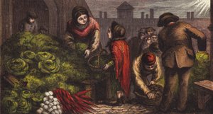 Covent Garden groentemarkt (kleur litho) door English School