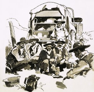 Cowboys verzameld rond een chuckwagon