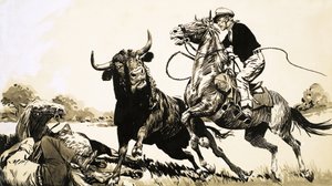 Cowboys in de Australische outback proberen een stier te vangen door English School