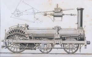 Cramptons spoorweg locomotief stoommachine uit Cyclopaedia of Useful Arts & Manufactures, bewerkt door Charles Tomlinson, ca. 1880s