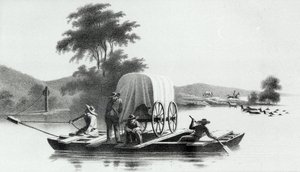 Oversteek van de Platte Monding van Deer Creek, uit Verkenning en Onderzoek van de Vallei van het Grote Zoutmeer van Utah door Howard Stansbury, gepubliceerd 1852
