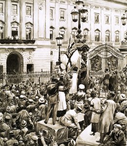 Mensenmassa buiten Buckingham Palace juicht Koning George V toe op Wapenstilstandsdag door English School