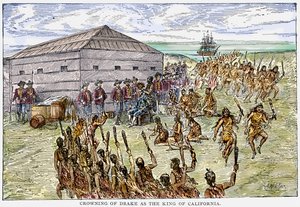 Kroning van Drake als de koning van Californië (gravure) door English School