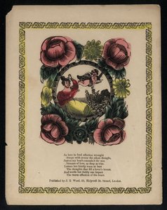 Cupido en vrouw in een tuin omringd door bloemen, liefdesgedicht door English School