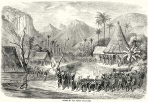 Dans van de Fijische krijgers (gravure) door English School